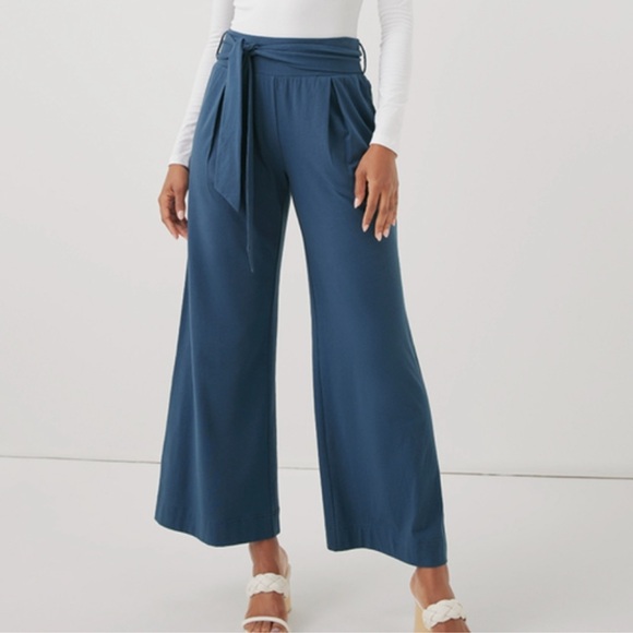 Pact Pants - Pact Luxe Jersey Volume Pant Wide Leg Yoga Loungewear Tie Waist High Rise Blue